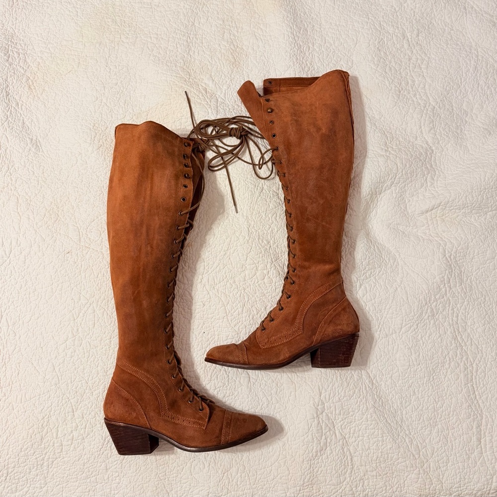 Jeffrey Campbell Sz 9 Free People Brown Tall Lace Up Boots - Picture 1 of 16